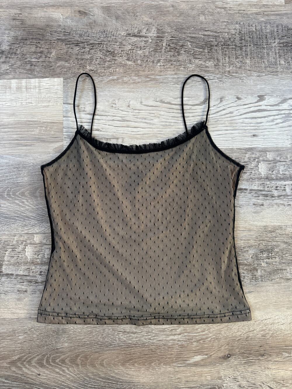 Vintage Y2K Moda International Sheer Mesh Cami Top Polka Dot Coquette Goth S